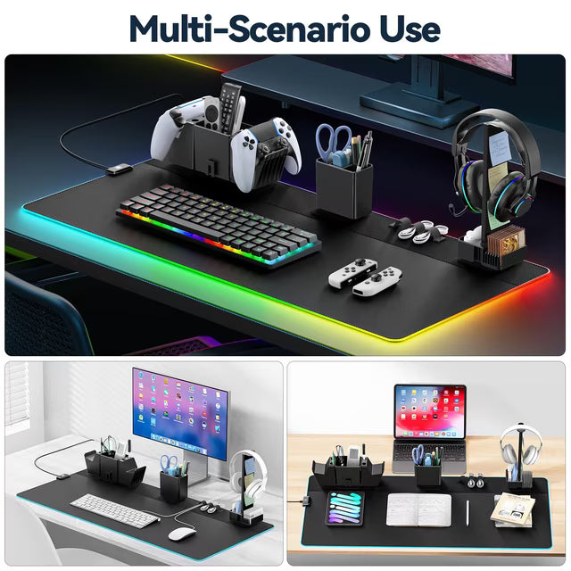 KDD RGB Gaming Mouse Pad with Magnetic Organizer Set 8 in 1 Desk Mat with Headset and Controller Stand