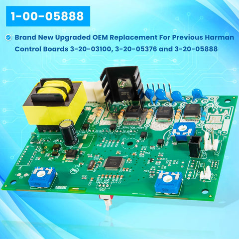 OEM control board PCB for Harman PF100 pellet stove
Heatilator BA100 pellet furnace replacement circuit board
1-00-05888 control board with knobs and wiring
Compatible pellet stove circuit board with dip switch