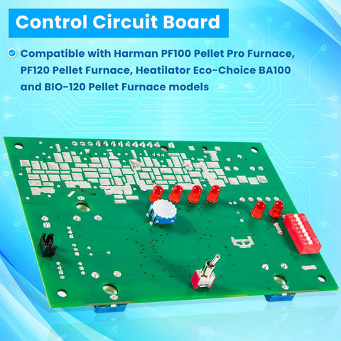 OEM control board PCB for Harman PF100 pellet stove
Heatilator BA100 pellet furnace replacement circuit board
1-00-05888 control board with knobs and wiring
Compatible pellet stove circuit board with dip switch
