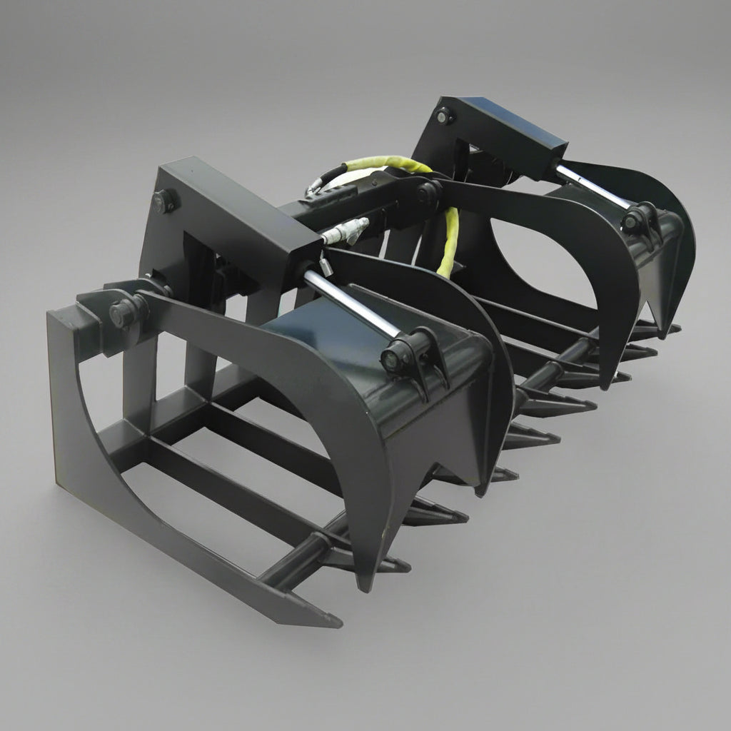 72" skid steer grapple bucket front view
84" rock grapple on skid steer in action
Close-up of dual hydraulic cylinder and hose setup
Heavy-duty tines and steel frame
Grapple holding large rocks and debris