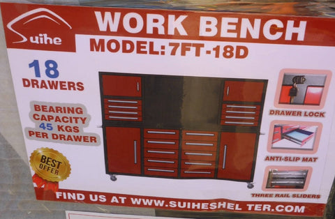 Red 7FT 18-drawer workbench – front view
Steel tool cabinet in packaging – side view
Drawer close-up showing roller bearings
Workbench with backsplash – showroom display
Red metal cabinet on skid – shipping ready
