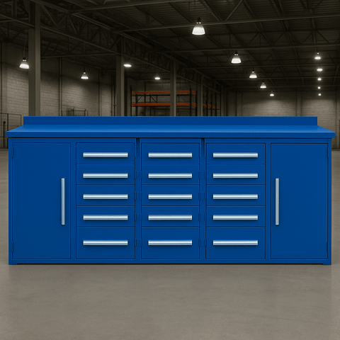 10 FT Heavy - Duty Steel Workbench β Garage Storage Table with 25 Drawers - with 15 Drawer Blue | Sold by Uncle Wiener's Wholesale