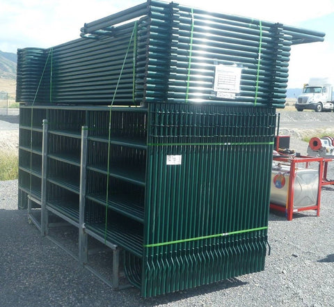 10FT powder-coated steel corral panels stacked for ranch delivery