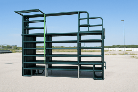 Stacked powder-coated steel livestock fence panels – field view