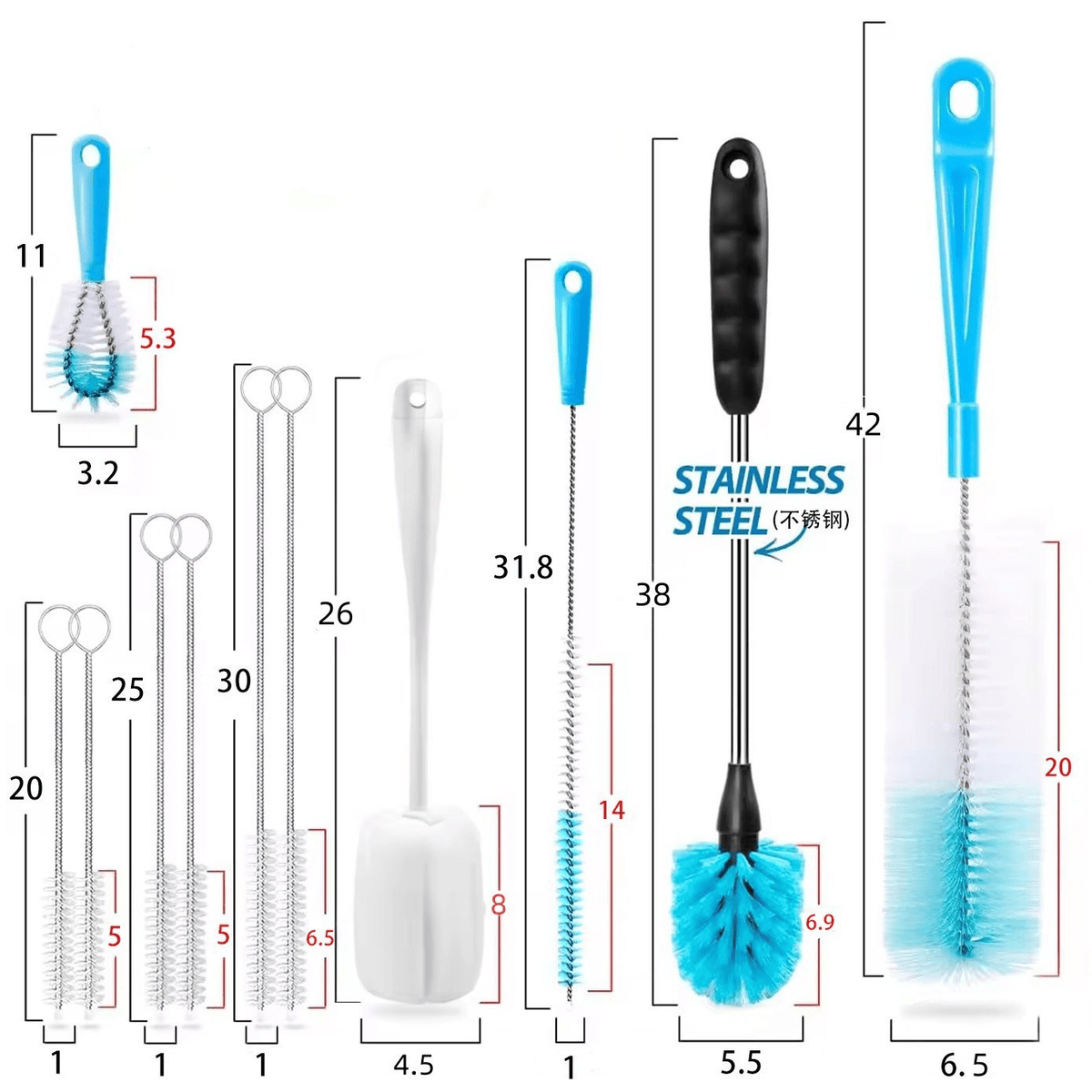 11-Piece Bottle, Straw & Spout Cleaning Brush Set for Water Bottles, Travel Cups, Beer Bottles & Sports Bottles T0994 - with | Sold by Uncle Wiener's Wholesale