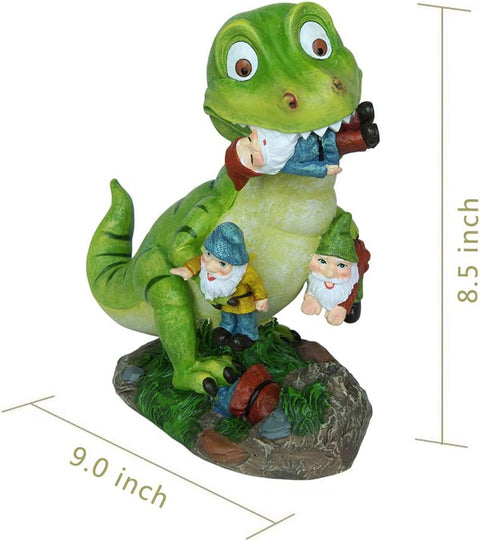 T-Rex dinosaur statue attacking garden gnomes
Funny outdoor gnome massacre sculpture
Resin garden gnome decoration with dinosaur
Humorous yard statue featuring T-Rex and gnomes
9-inch lawn ornament for garden or patio