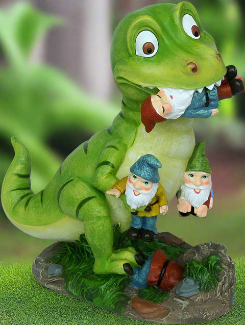 T-Rex dinosaur statue attacking garden gnomes
Funny outdoor gnome massacre sculpture
Resin garden gnome decoration with dinosaur
Humorous yard statue featuring T-Rex and gnomes
9-inch lawn ornament for garden or patio