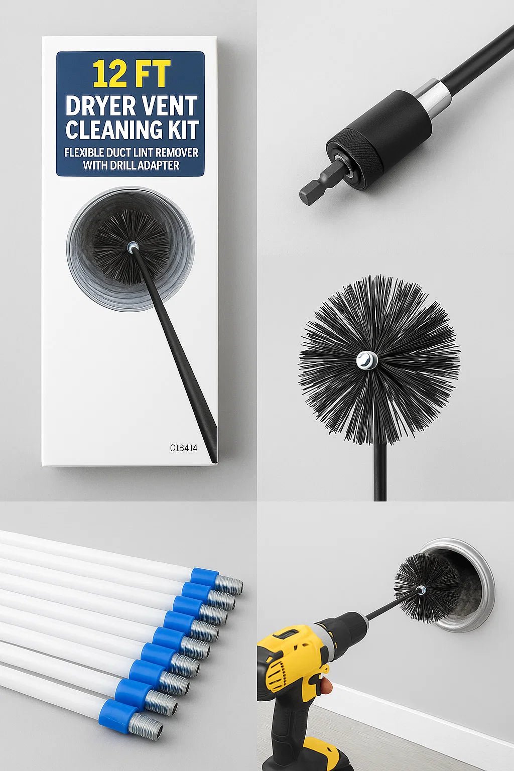 12 FT Dryer Vent Cleaning Kit – Flexible Duct Lint Remover with Drill Adapter | Model C18414 - Dryer Vent Cleaning Kit with | Sold by Uncle Wiener's Wholesale