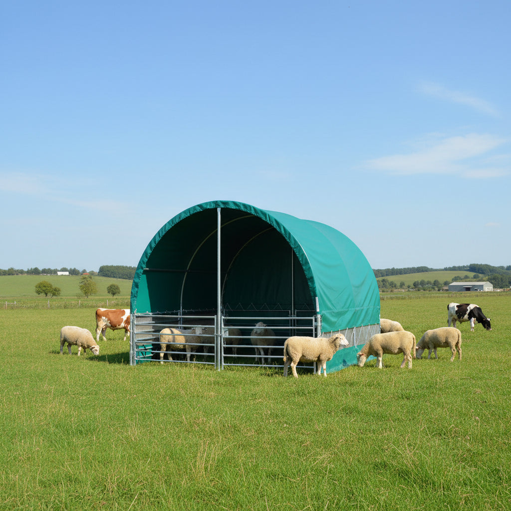 13, 26 & 32 ft Livestock Corral Shelter – 12' Dome Roof, 17oz Green PVC Cover, 6 - Bar Panels & 5' Swing Gate - with 13FT | Sold by Uncle Wiener's Wholesale
