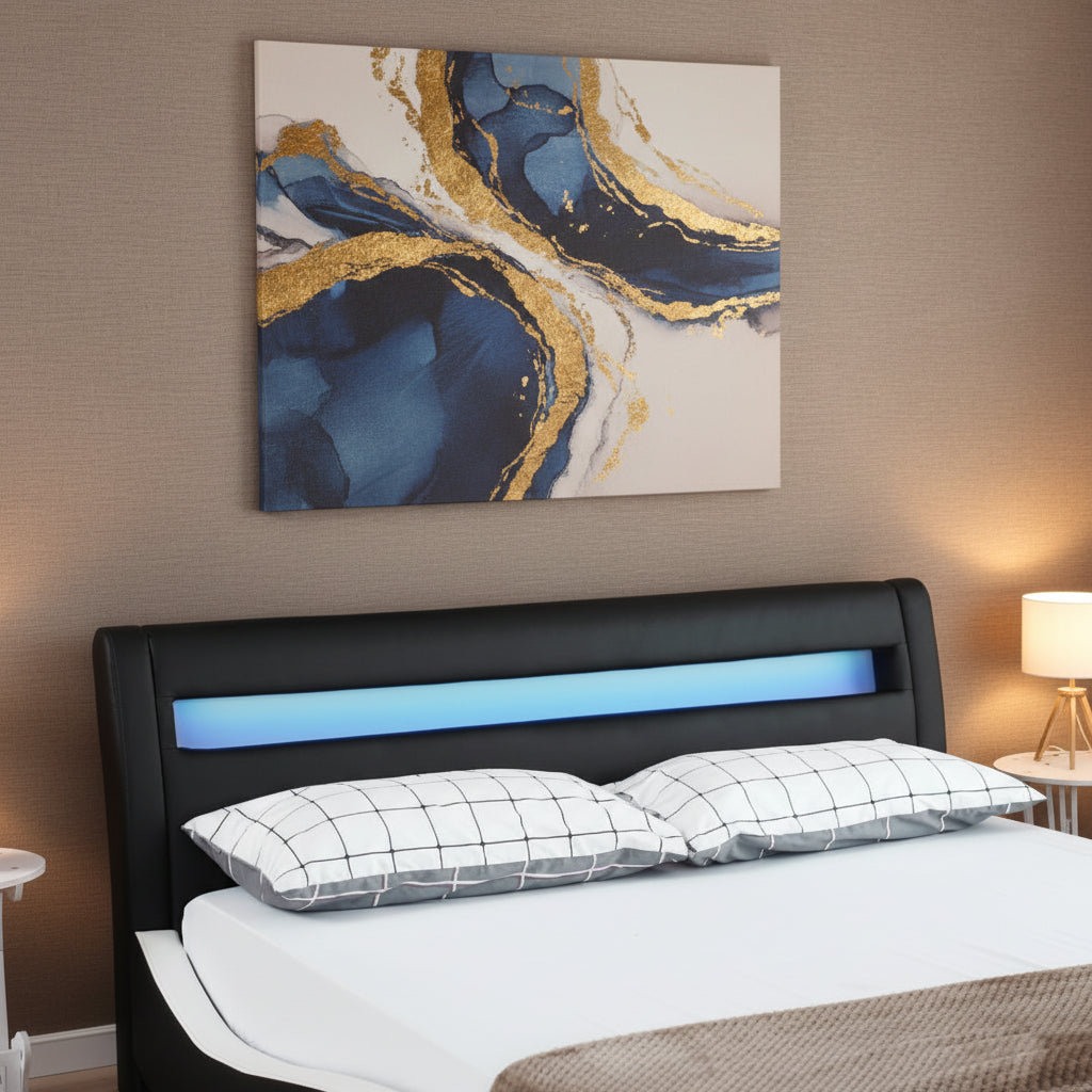 Modern Bonded Leather LED Bed Frame – Black Upholstered Platform Bed with RGB Lighted Headboard