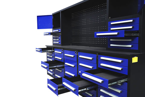 Deluxe 10 FT Tool Workbench System with 40 Red Drawers and Pegboard
Drawer Detail: Lockable Red Tool Cabinet Drawers with Smooth Slides
Pegboard View: Steel Pegboard Panel with Hanging Tool Storage
Blue Variant: Blue 10 FT Tool Cabinet Workstation with Upper and Lower Cabinets
Side Angle: Heavy-Duty Tool Workbench in Blue or Red Finish – Side Profile