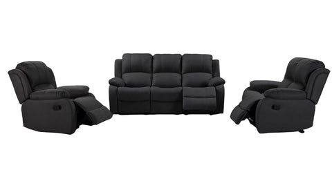 3-piece recliner set – Nubuck air leather in black
Reclining loveseat and chair with padded arms
Reclining living room furniture set – gray
Close-up of faux leather texture on modern recliner
Full living room setup featuring 3 recliner pieces