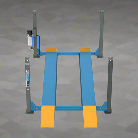 Blue 4-post car lift in a workshop setting
Top-down view of the HFL4065E vehicle lift
Vehicle raised on blue 4-post lift
Hydraulic-powered truck lift hoist
Portable heavy-duty automotive lift with ramps