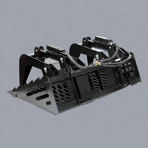 Skeleton grapple bucket with dual hydraulic arms
72-inch rock bucket with fine grade tine spacing
Skid steer rock rake attachment for sorting debris
Side view of grapple arms open and closed