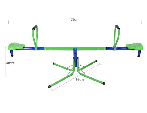 Kids spinning on green 360° seesaw in backyard
360-degree rotating seesaw with blue seats and soft handles
Outdoor seesaw with rotation and bounce action
Side view of children playing on rotating seesaw
Playground toy for toddlers and young kids