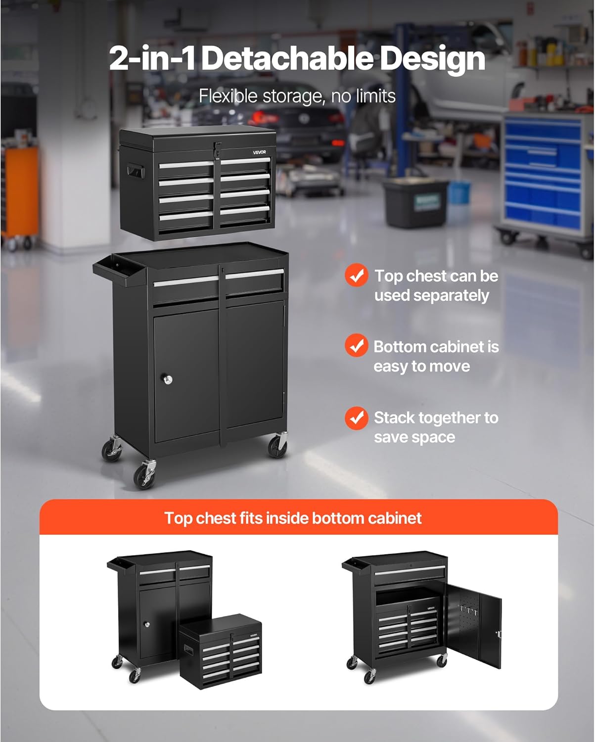 2-in-1 Detachable 5-Drawer Rolling Tool Chest Cabinet with Locking Casters, Hooks, EVA Liners & Perforated Tool Panel 203201 - with | Sold by Uncle Wiener's Wholesale