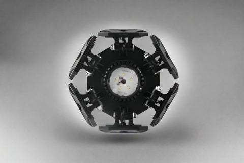 Backside view of LED shop light showing heat sink and base design