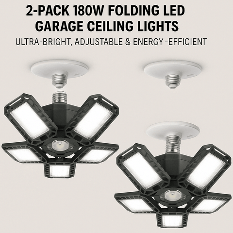 2-Pack 180W folding LED garage ceiling lights with adjustable panels