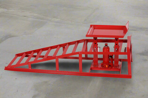 Red 5-ton hydraulic car lift ramps side view
Heavy-duty steel ramps with hydraulic system
Close-up of car tire on lift ramp for maintenance
Extended length car ramps for low-profile vehicles
Pair of hydraulic vehicle ramps for garage use