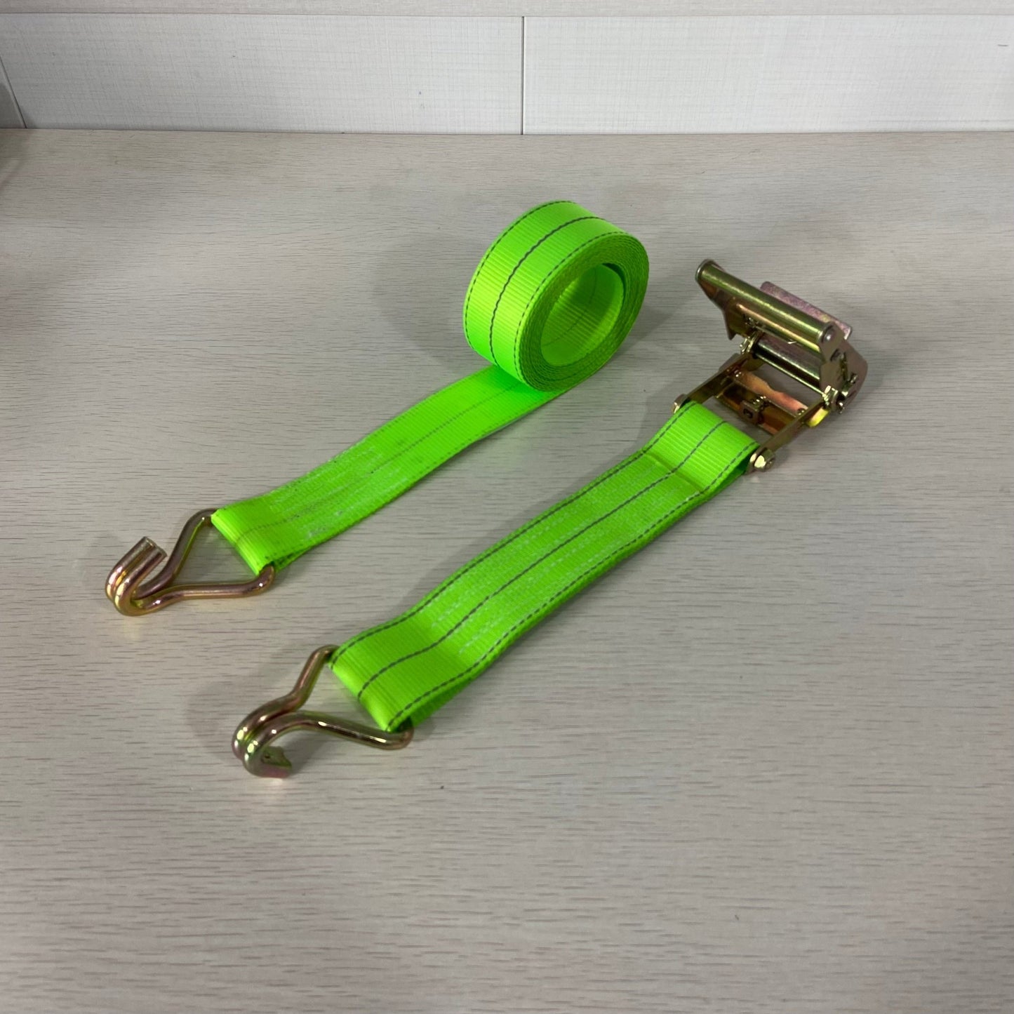 2” x 15FT Ratchet Tie Down Strap with Double J - Hooks – Neon Green – 3,300 lb Load Capacity RS1500 - with 2" X 15' Strap | Sold by Uncle Wiener's Wholesale