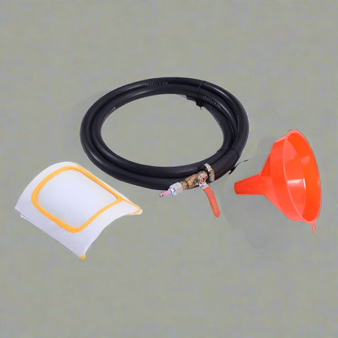 Red 20-gallon portable sandblasting tank with hose, wheels, and blasting accessories for rust and paint removal