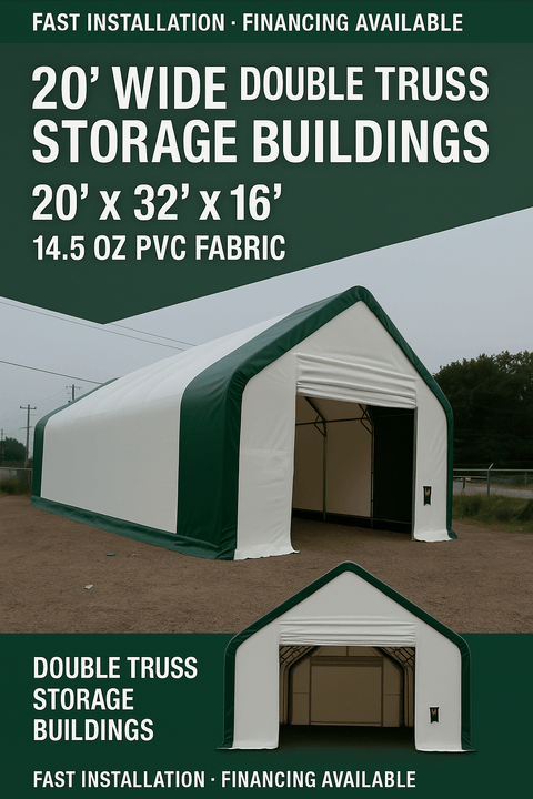 Heavy-duty green canopy storage building with metal frame
