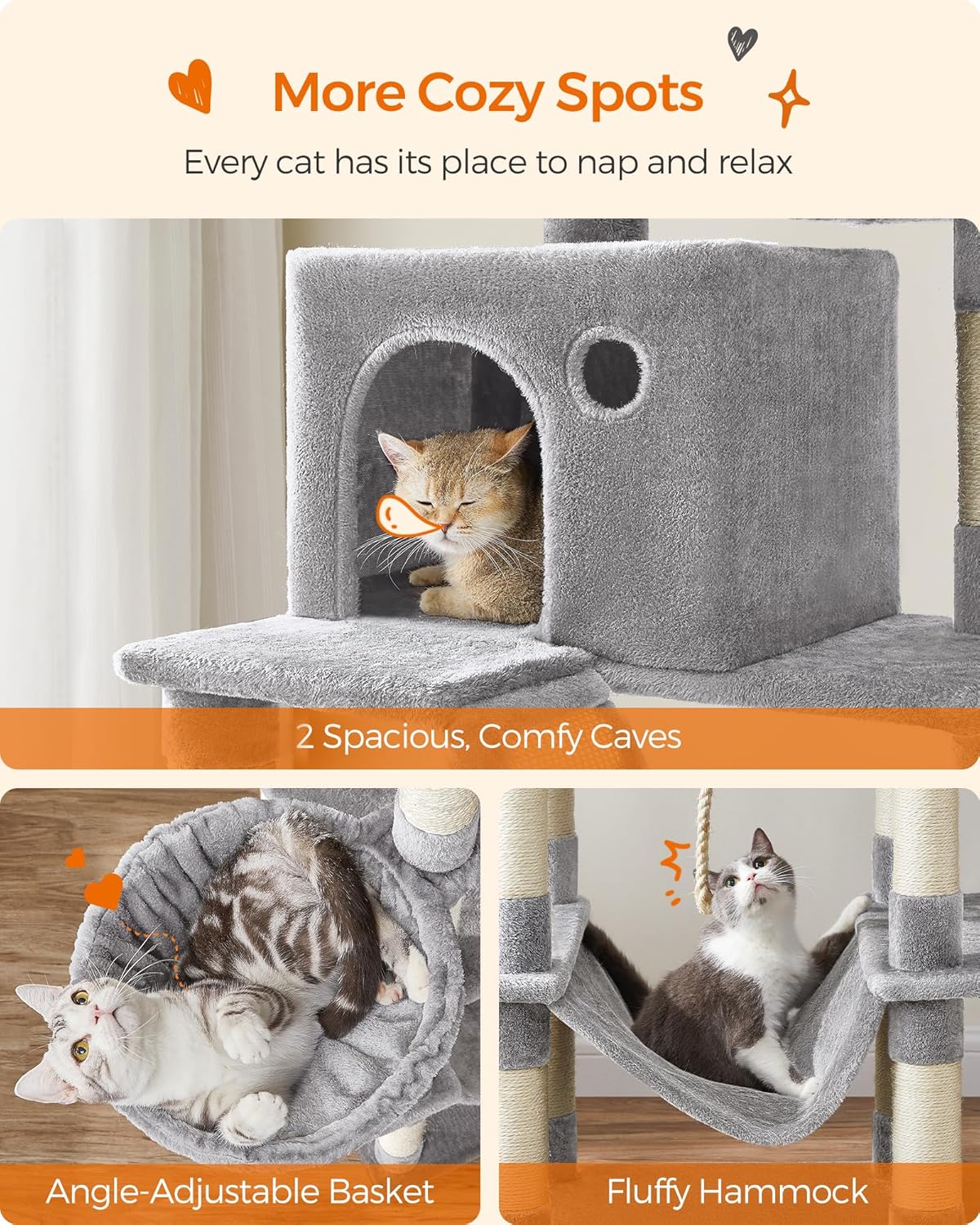 206 cm Cat Tree Tower with 2 Perches, 2 Cat Condos, Hammock, Basket and 14 Scratching Areas, Multi-Level Cat Activity Center Light Gray PCT190W01 - with | Sold by Uncle Wiener's Wholesale