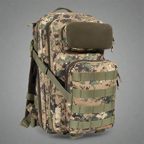 25L Tactical MOLLE Backpack in Woodlands Camo β Front View
Compact OD Green MOLLE Backpack β Side Storage View
Black Camo MOLLE Pack with Front Pouch and Bottle Holder
A-TACS Tactical Pack β Rear Strap Design and Padding
