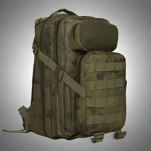 25L Tactical MOLLE Backpack in Woodlands Camo β Front View
Compact OD Green MOLLE Backpack β Side Storage View
Black Camo MOLLE Pack with Front Pouch and Bottle Holder
A-TACS Tactical Pack β Rear Strap Design and Padding