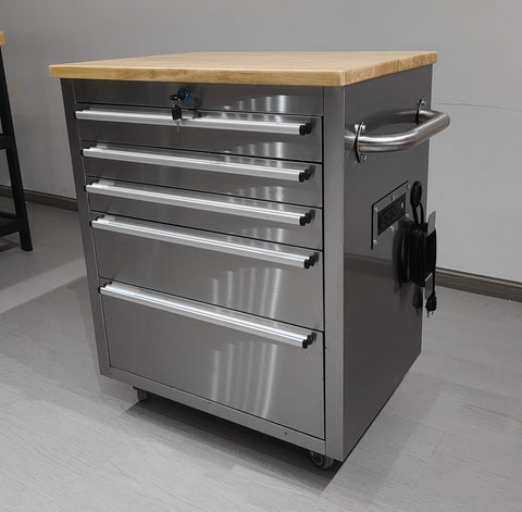 26 - Inch 5 - Drawer Stainless Steel Tool Bench with Rubber Wood Top – Rolling Workbench with Locking Drawers & Casters – TB2619S - with | Sold by Uncle Wiener's Wholesale