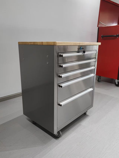 26 - Inch 5 - Drawer Stainless Steel Tool Bench with Rubber Wood Top – Rolling Workbench with Locking Drawers & Casters – TB2619S - with | Sold by Uncle Wiener's Wholesale