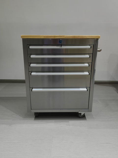 26 - Inch 5 - Drawer Stainless Steel Tool Bench with Rubber Wood Top – Rolling Workbench with Locking Drawers & Casters – TB2619S - with | Sold by Uncle Wiener's Wholesale