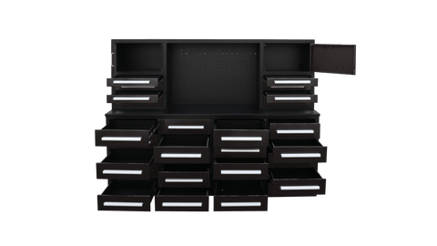 28 - Drawer Heavy Duty Tool Box Workbench 7FT – Locking Drawers, Stainless Steel & Painted Finishes Red, Blue, Black, Stainless - with Black | Sold by Uncle Wiener's Wholesale