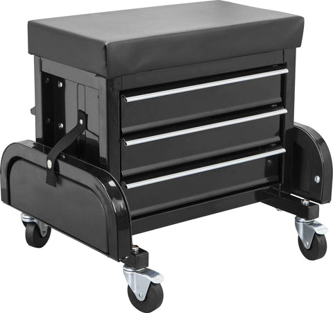 3 - Drawer Rolling Mechanics Seat with Tool Chest, Side Trays & Padded Cushion – 180KG Capacity Model MUSTB - with | Sold by Uncle Wiener's Wholesale