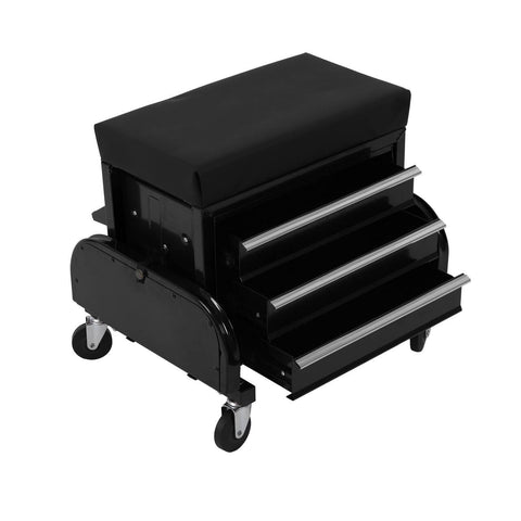 3 - Drawer Rolling Mechanics Seat with Tool Chest, Side Trays & Padded Cushion – 180KG Capacity Model MUSTB - with | Sold by Uncle Wiener's Wholesale