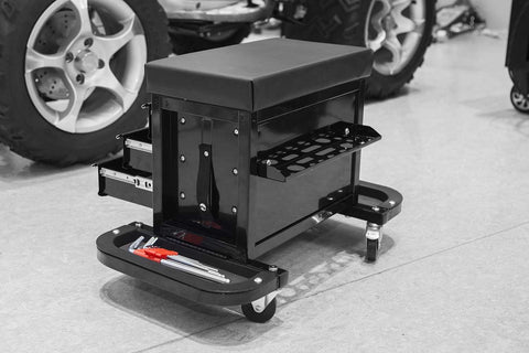 3 - Drawer Rolling Mechanics Seat with Tool Chest, Side Trays & Padded Cushion – 180KG Capacity Model MUSTB - with | Sold by Uncle Wiener's Wholesale