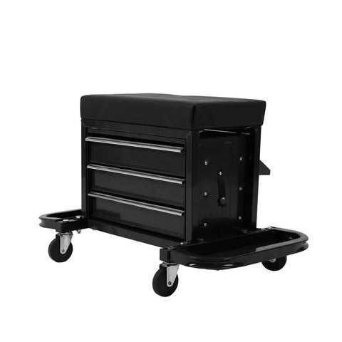 3 - Drawer Rolling Mechanics Seat with Tool Chest, Side Trays & Padded Cushion – 180KG Capacity Model MUSTB - with | Sold by Uncle Wiener's Wholesale