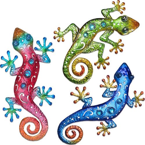 3-Pack Colourful Metal Gecko Lizard Wall Decor Set with UV Printing for Garden, Fence, Patio & Outdoor Decor ONWD1210 - with | Sold by Uncle Wiener's Wholesale