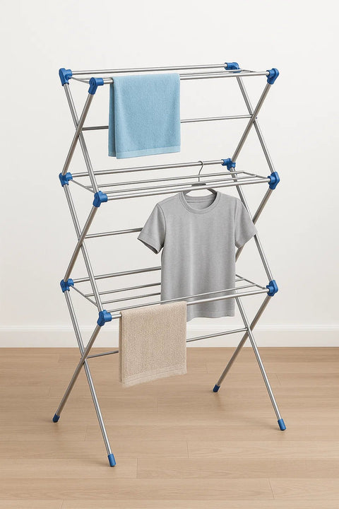 3 - Tier Foldable Clothes Drying Rack – Expandable Steel Laundry Stand for Small Spaces | SKU: AMETR51 - with | Sold by Uncle Wiener's Wholesale