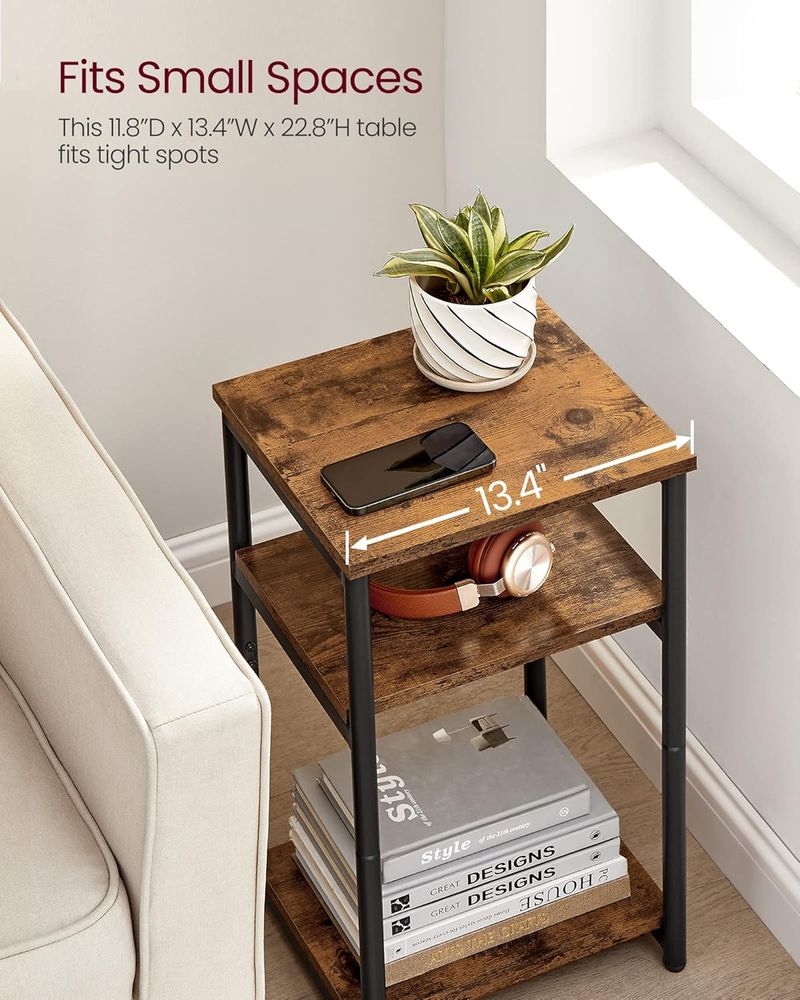 3 Tier Side Table with Storage Shelves, Tall End Table for Living Room, Bedroom, Office and Bathroom Rustic Brown and Ink Black LET273B01 - with | Sold by Uncle Wiener's Wholesale