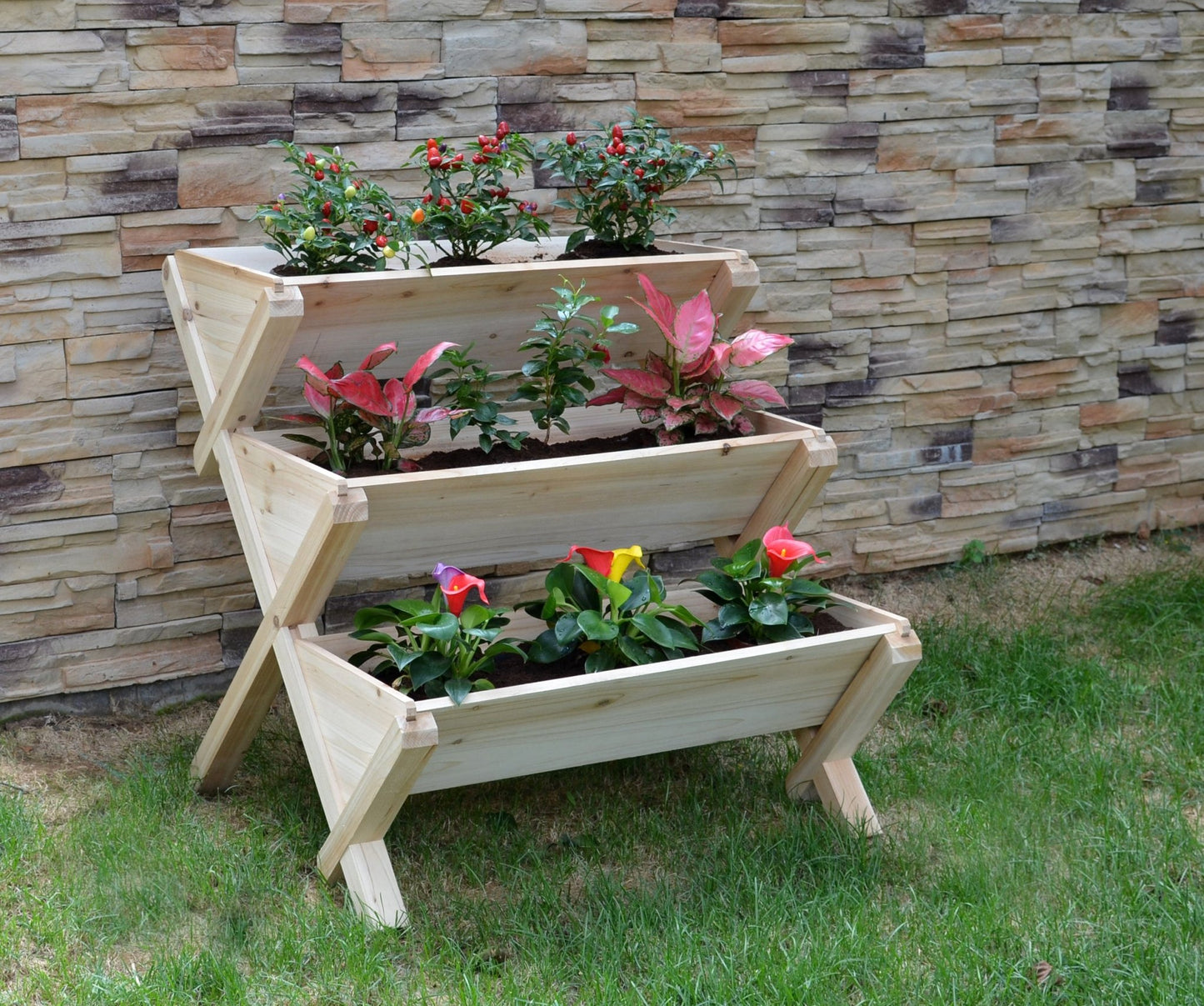 3 - Tier Wooden Raised Garden Planter Box – Cascading Vertical Bed for Herbs, Flowers & Vegetables | SKU: RGT210 - with | Sold by Uncle Wiener's Wholesale