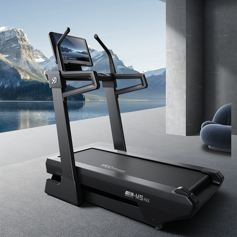 MS MAX folding treadmill side view with 21.5" display
Treadmill showing incline range and TFT screen
Foldable treadmill in compact storage position
High-speed treadmill with digital controls
Wide deck treadmill for joint support