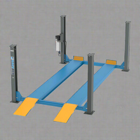 Blue 4-post car lift in a workshop setting
Top-down view of the HFL4065E vehicle lift
Vehicle raised on blue 4-post lift
Hydraulic-powered truck lift hoist
Portable heavy-duty automotive lift with ramps
