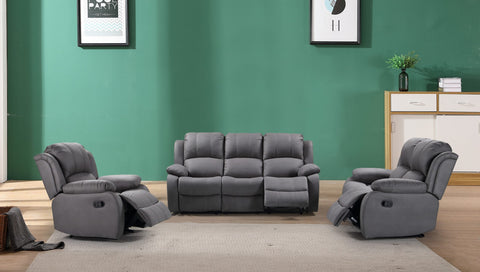 3-piece recliner set – Nubuck air leather in black
Reclining loveseat and chair with padded arms
Reclining living room furniture set – gray
Close-up of faux leather texture on modern recliner
Full living room setup featuring 3 recliner pieces