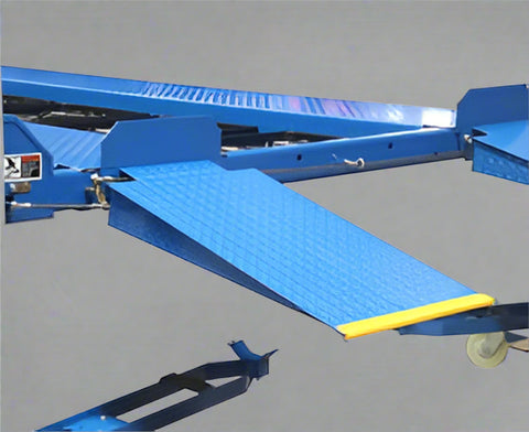 Blue portable 4-post car hoist in garage
Drive-on ramp and runway surface
Close-up of power unit and lift columns
Vehicle elevated on blue car lift
Heavy-duty safety locks and cable system