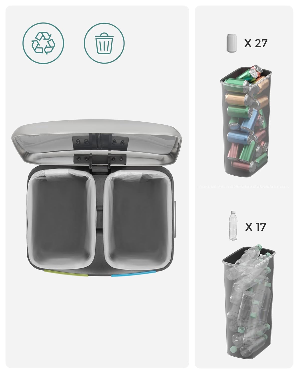 40L Dual Compartment Kitchen Trash Can with Soft Close Lid, Recycling Waste Bin with Pedals and Removable Inner Buckets LTB40 Series - with Silver and Ink Black | Sold by Uncle Wiener's Wholesale