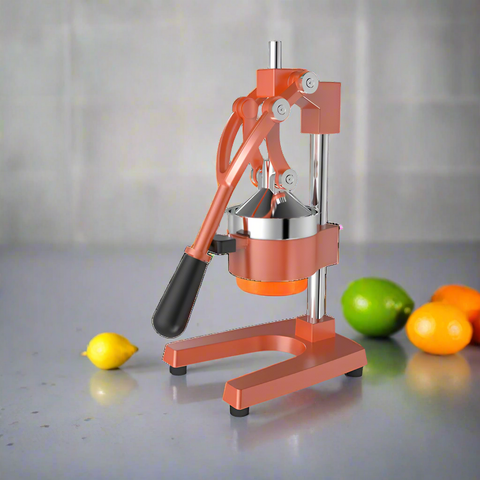 Manual citrus juicer press orange color
Side view of handheld orange and lemon juicer
Cast iron lemon press in use
Heavy-duty juicer squeezing citrus fruit
Handheld orange juicer with removable parts
