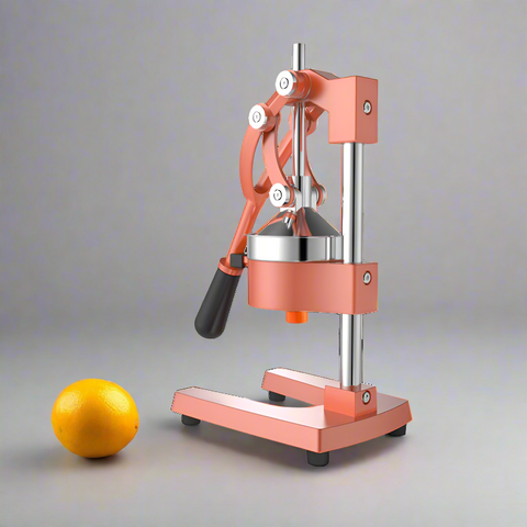 Manual citrus juicer press orange color
Side view of handheld orange and lemon juicer
Cast iron lemon press in use
Heavy-duty juicer squeezing citrus fruit
Handheld orange juicer with removable parts