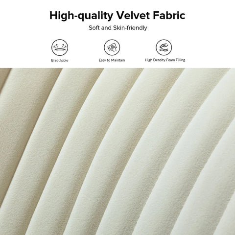 Fuchsia velvet loveseat with tufted back and gold legs in modern decor.
Ivory armless loveseat sofa with mid-century design in studio setup.
Tan velvet 2-seater with flared gold legs styled against a neutral wall.
Close-up of plush velvet texture and fluted backrest detail.
Color swatches displaying Fuchsia, Pink, Ivory, and Tan options.