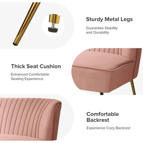 Fuchsia velvet loveseat with tufted back and gold legs in modern decor.
Ivory armless loveseat sofa with mid-century design in studio setup.
Tan velvet 2-seater with flared gold legs styled against a neutral wall.
Close-up of plush velvet texture and fluted backrest detail.
Color swatches displaying Fuchsia, Pink, Ivory, and Tan options.